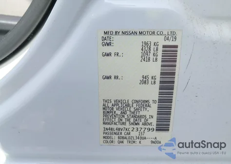 2019 Nissan Altima 2.5 S z USA, uszkodzony, nr VIN 1N4BL4BV7KC237799